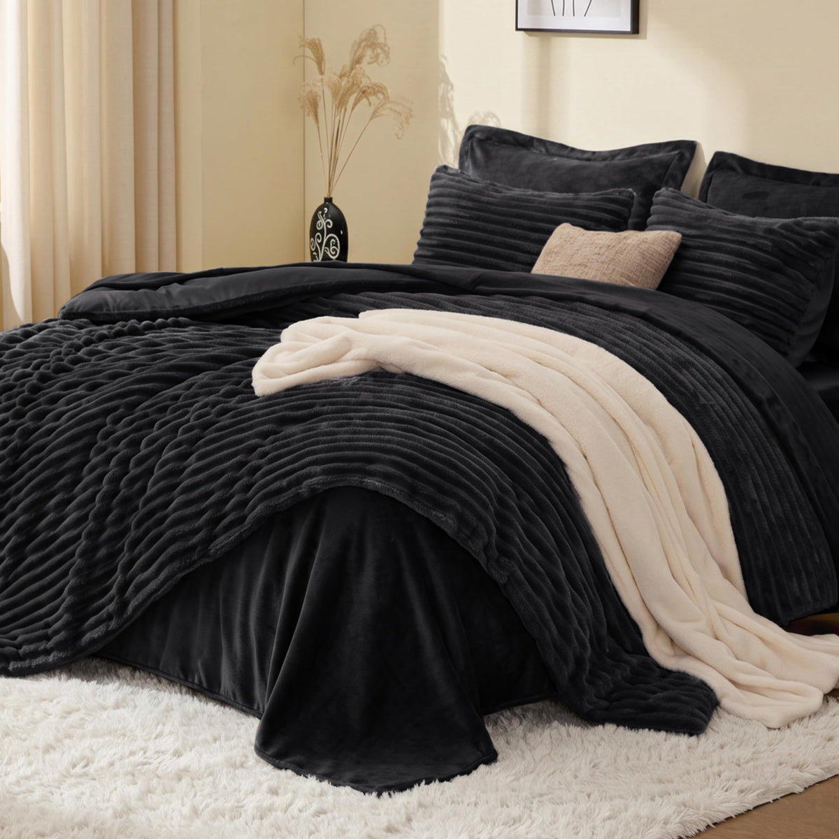 EXQ Home Queen Fluffy Comforter Set,7 Pieces Bed in a Bag,Black