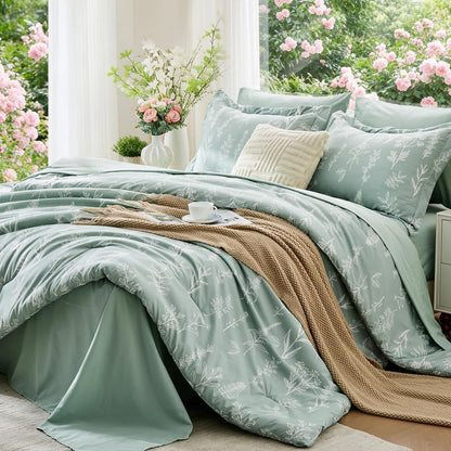 MUXHOMO Queen Comforter Set, 7-Piece Floral Bed in a Bag, Sage Green