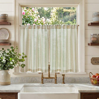 jinchan Linen Striped Tier Curtains for Kitchen Windows Green 26 x 24 inch