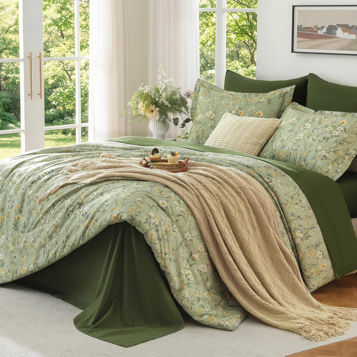 MUXHOMO Queen Comforter Set, 7-Piece Floral Bed in a Bag, Sage Green
