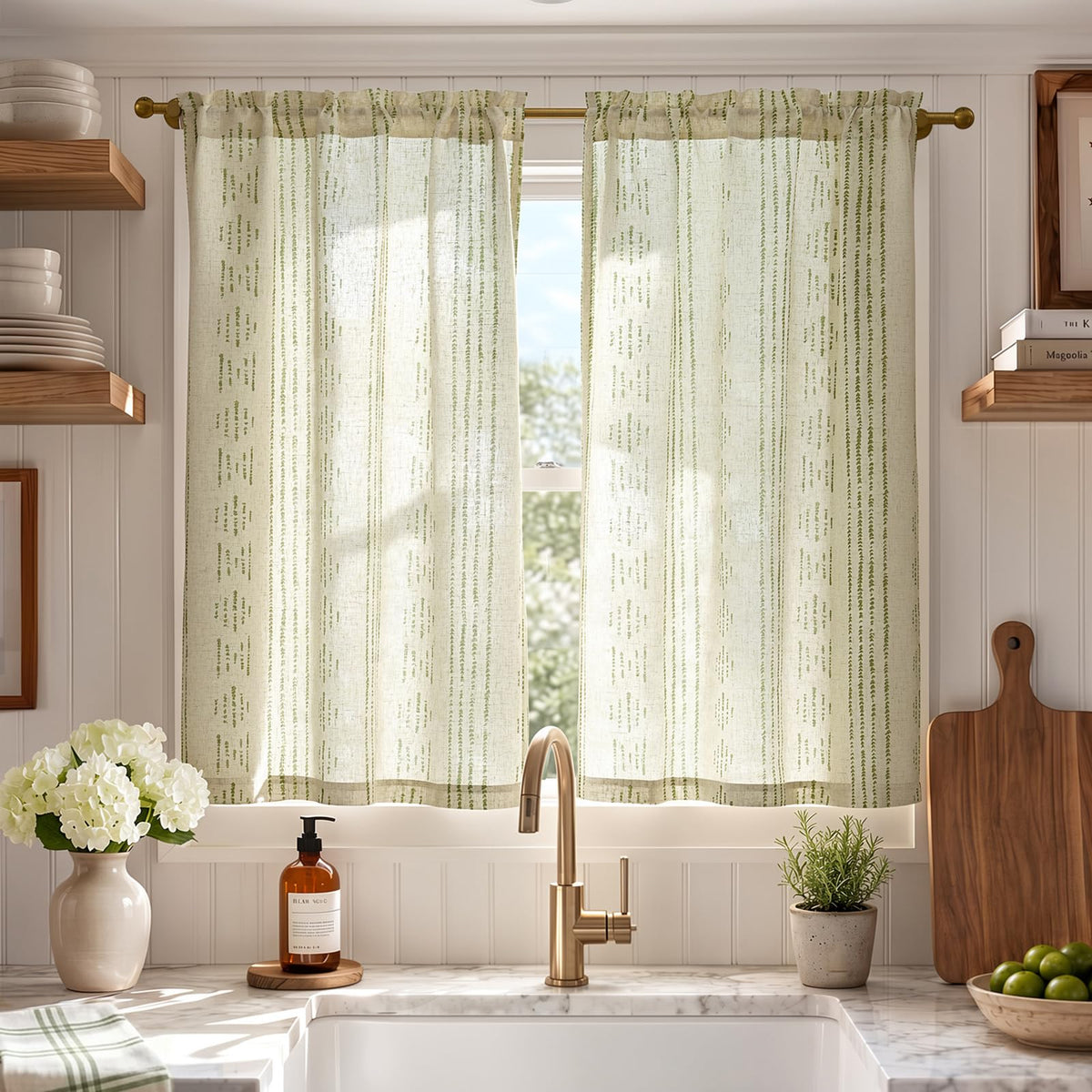 jinchan Linen Striped Tier Curtains for Kitchen Windows Green 26 x 24 inch