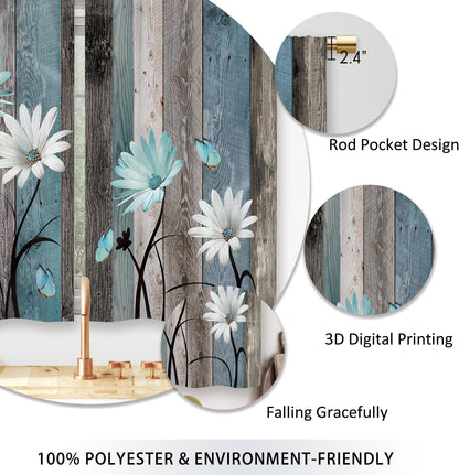Teal Farmhouse Daisy Kitchen Curtains Wooden Flower Small Short Cafe Window Curtains Rustic Floral Butterfly Country Bathroom Drapes Treatment Tier Curtains 2 Panels (27.5x39 Inch)