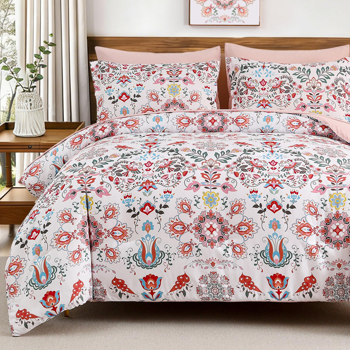 DHSFKBE Floral Comforter Set Queen Size,7 Piece Orange Bed in a Bag, Elegant Flower Pattern Comforter Set with Sheet, Soft Microfiber Complete Bedding Sets for All Season