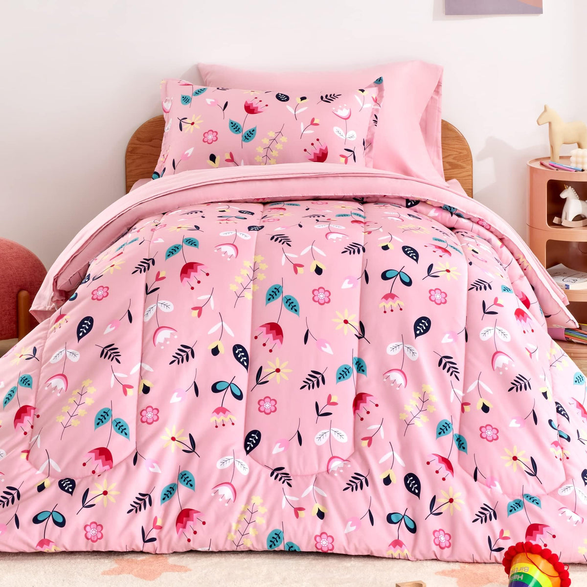 SLEEP ZONE Comforter Set Bed in A Bag, 7 Pieces Girls, Cattoon Pattern for Kids, Toddlers, Teens, Ultra Soft and Washable (Garden Secret,Full/Queen)