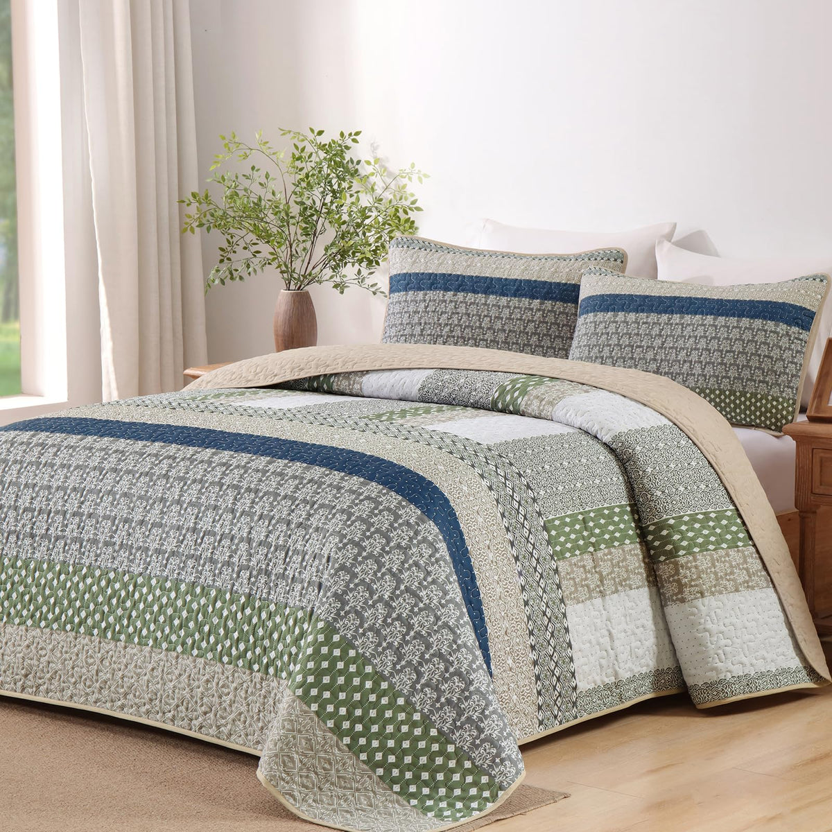WONGS BEDDING Grey Queen Size Quilt Set, Boho Striped Bedspread