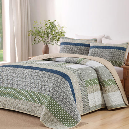 WONGS BEDDING Grey Queen Size Quilt Set, Boho Striped Bedspread