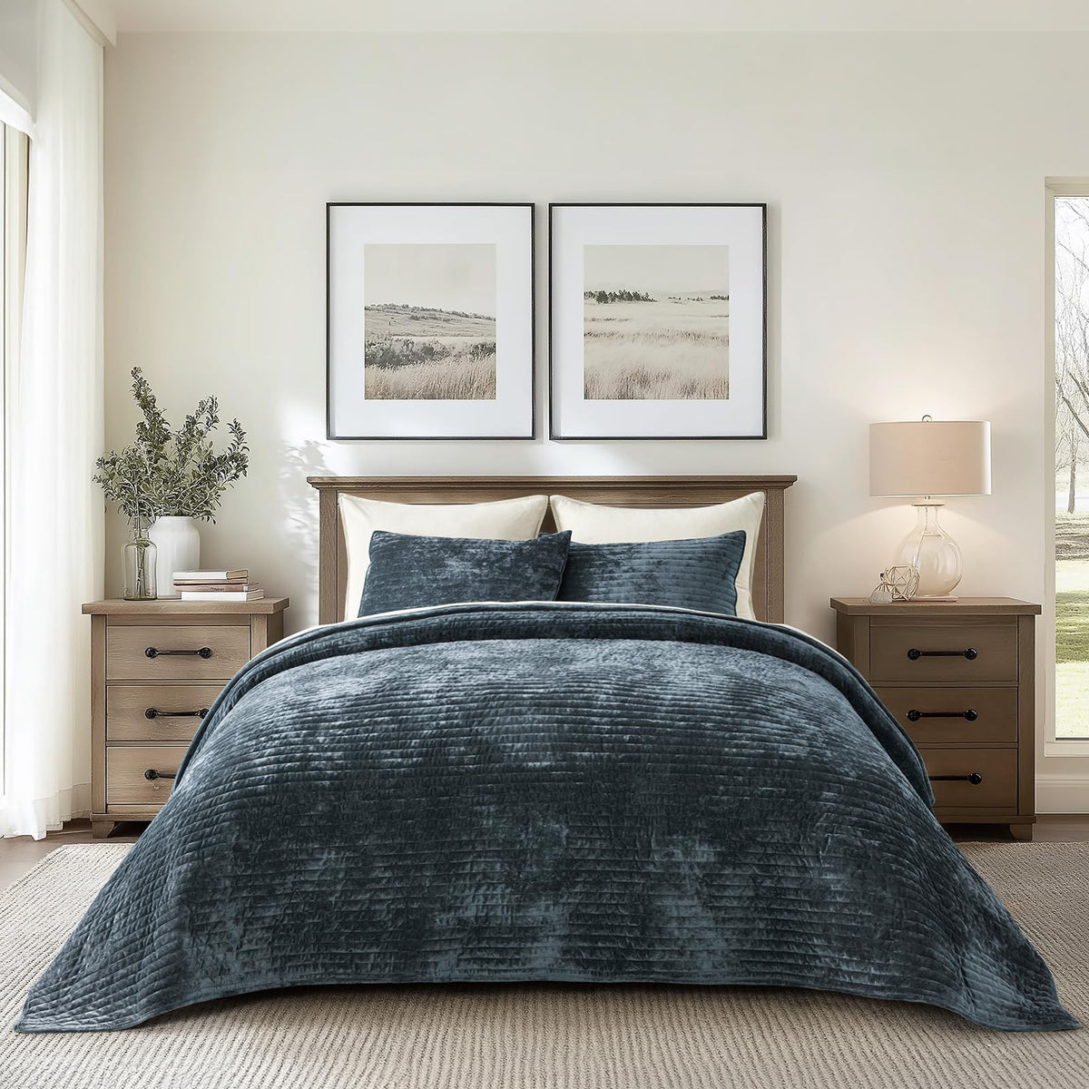 EverGrace Stripe Channel Luxury Velvet Quilt Set King Size, Beige Taupe