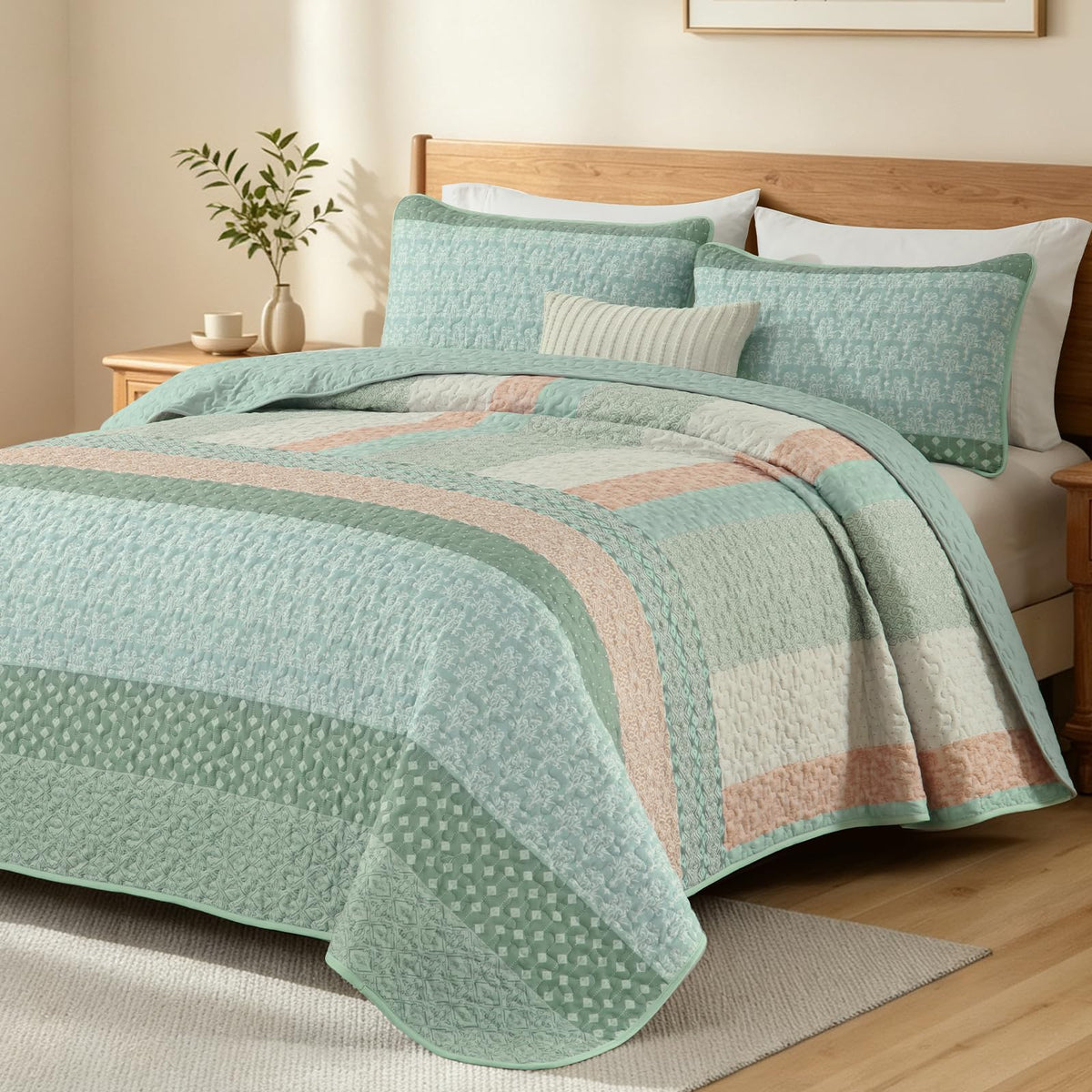 WONGS BEDDING Grey Queen Size Quilt Set, Boho Striped Bedspread