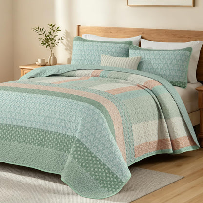 WONGS BEDDING Grey Queen Size Quilt Set, Boho Striped Bedspread