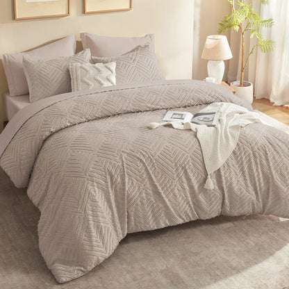 Litanika King Size Comforter Set, 3 Pieces Beige Tufted Boho Bedding Set