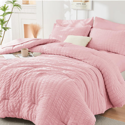 Full Comforter Set - 7PCS Bed in a Bag, Seersucker Bedding Set, Dark Grey