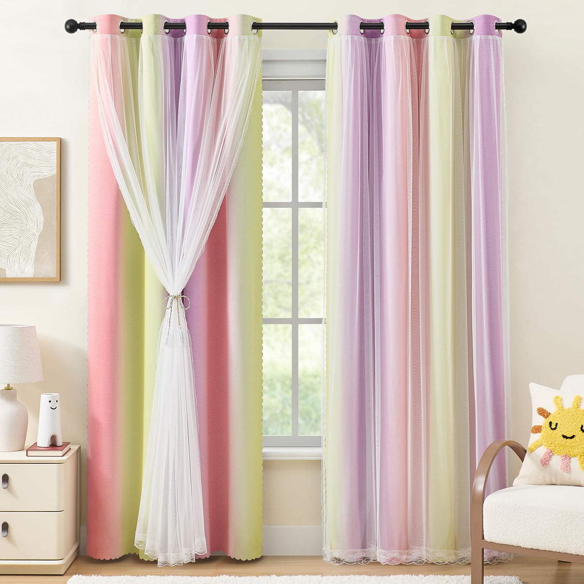 XiDi Blackout Curtains for Girls Bedroom Decor Pink Kids Rainbow Curtains