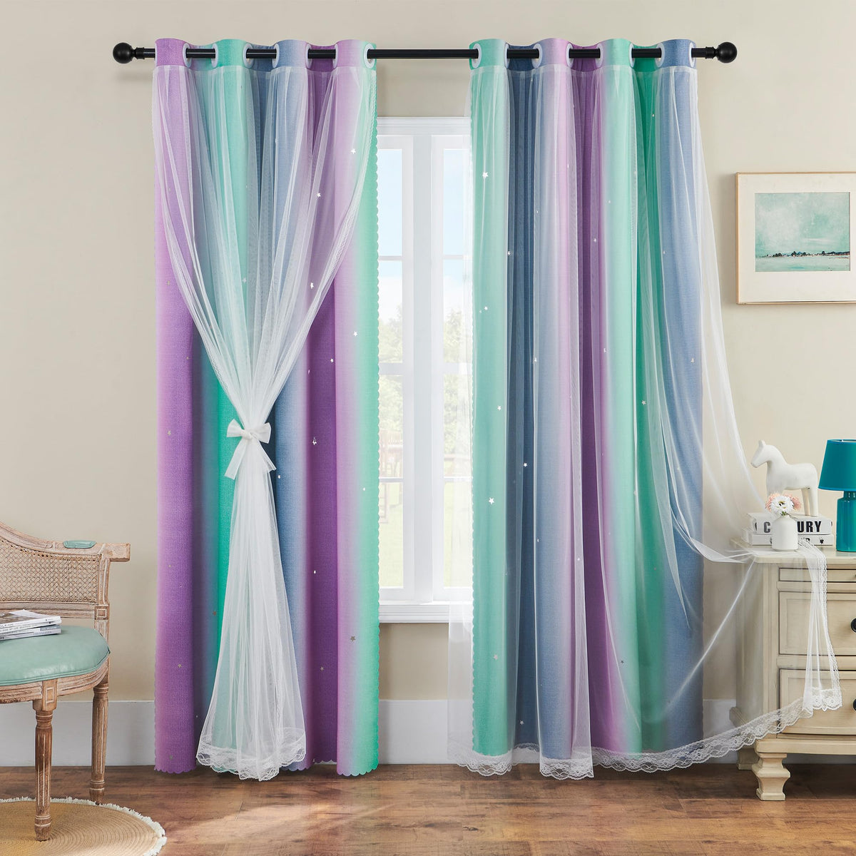 XiDi Curtains for Girls Bedroom Decor, Rainbow Blackout Curtains for Kids/Little Girl Room Decor, Unicorn Wall Decals,Pink Purple Green,63 x 34 inches,1 Panel