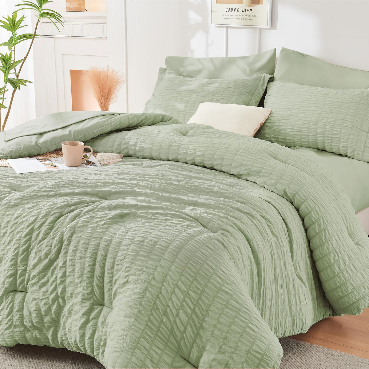Full Comforter Set - 7PCS Bed in a Bag, Seersucker Bedding Set, Dark Grey