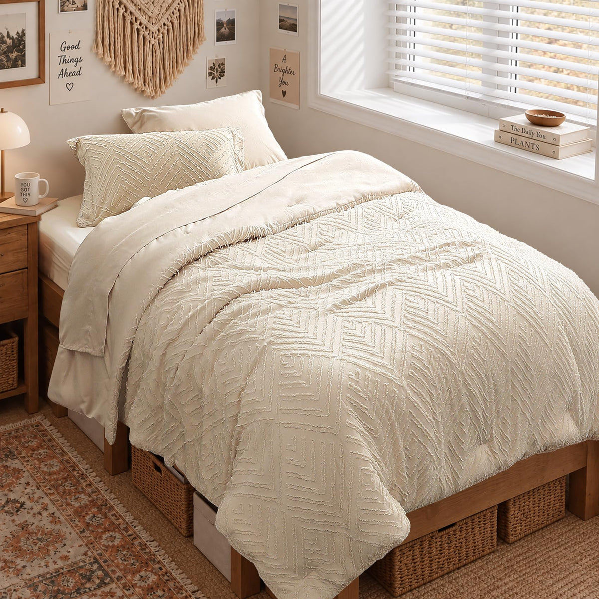 Zzlpp Queen Comforter Set 7 Piece, Beige Bed in a Bag Queen Bedding Sets