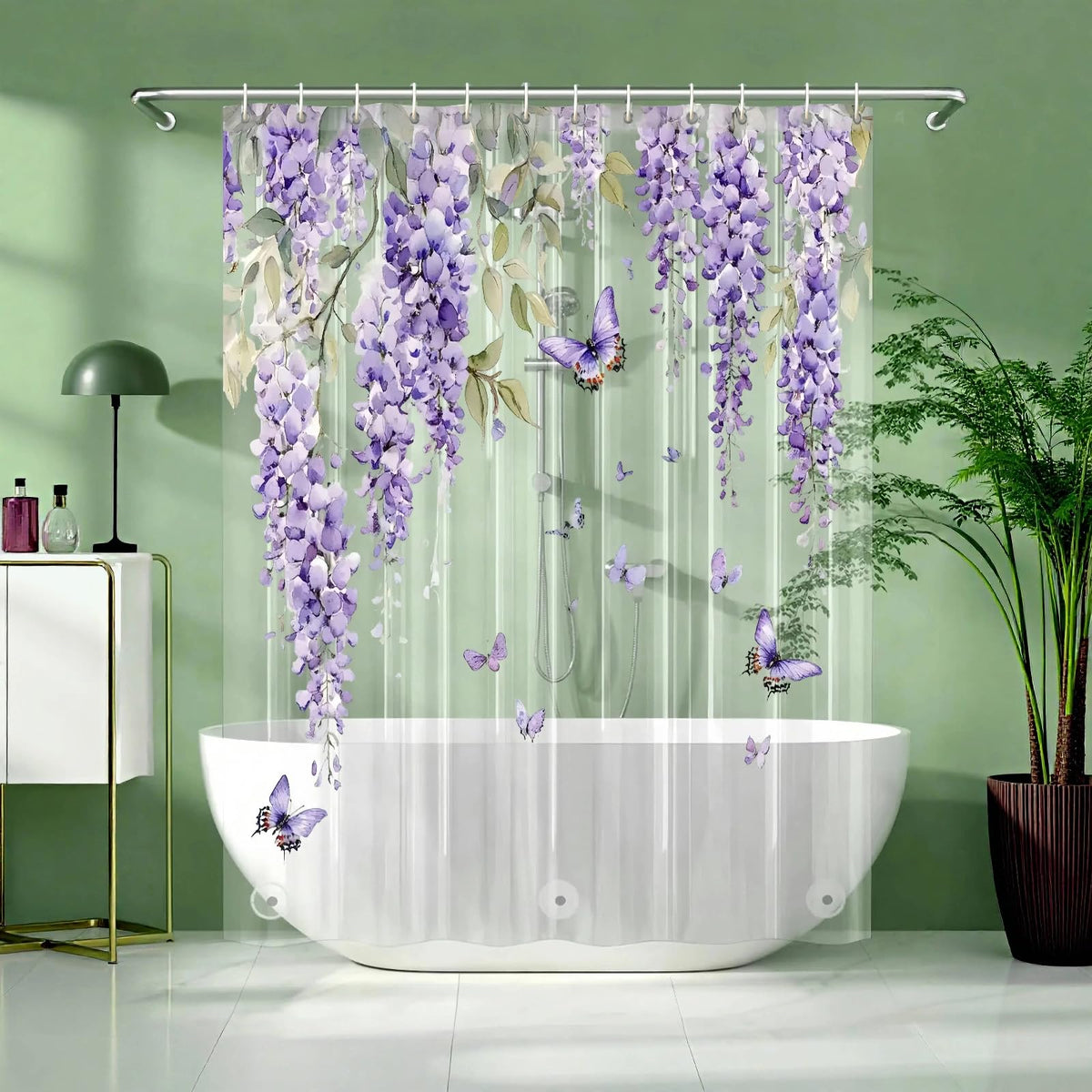 Clear Green Ivy Leaves Shower Curtain Liner, Transparent Plastic Nature Green Botanical Leaf Decorative Waterproof Shower Curtains for Bathroom, 72x72 Weighted Magnetic Shower Curtain Liner with Hooks
