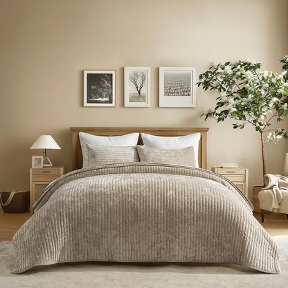 EverGrace Stripe Channel Luxury Velvet Quilt Set King Size, Beige Taupe