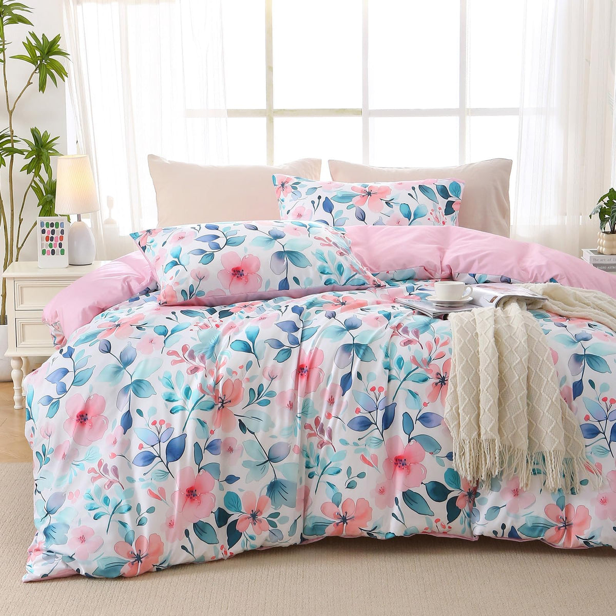 MUXHOMO Duvet Cover King Size, 3-Piece Floral Grey-Blue Bedding Set