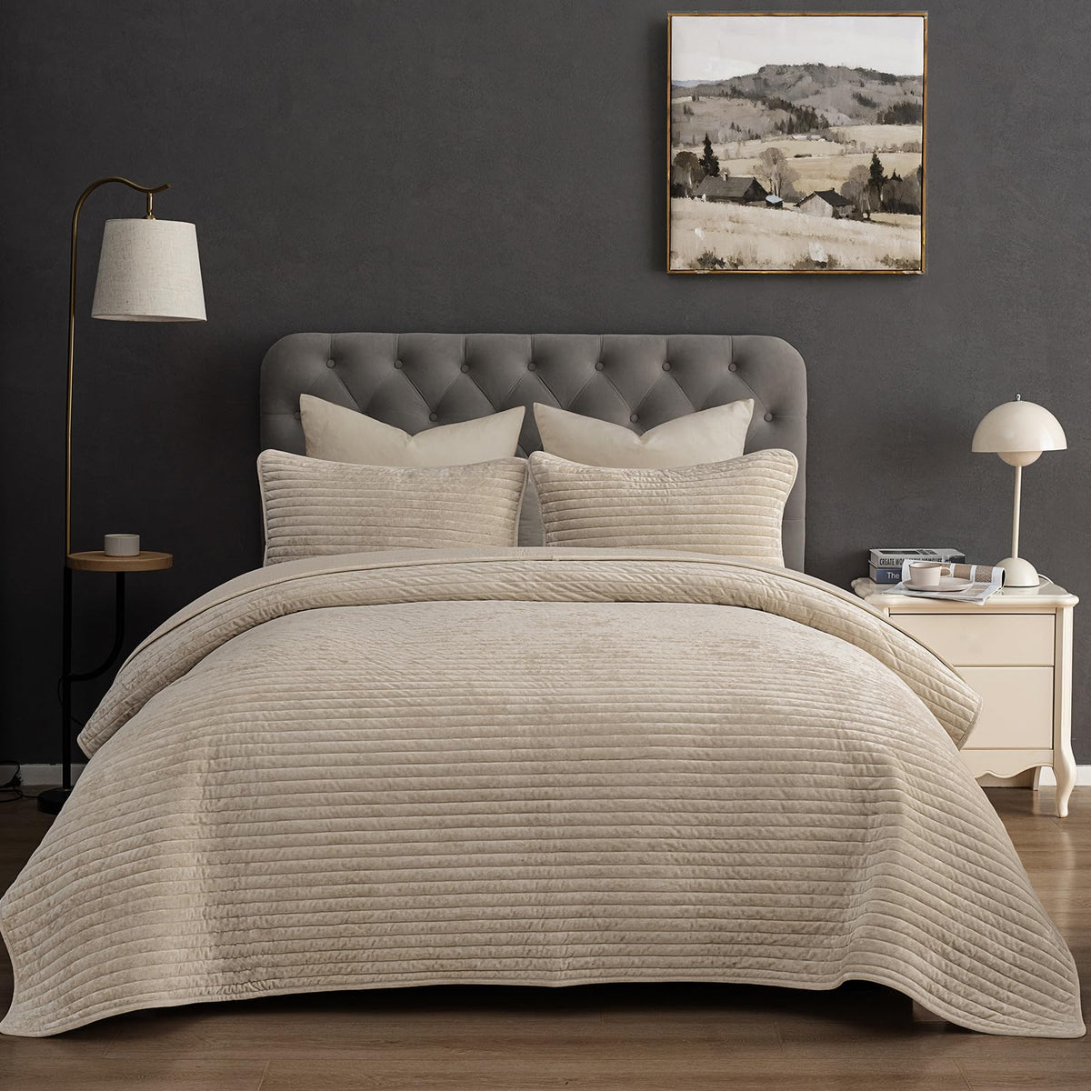PHF Diamond Pattern Luxury Velvet Quilt Set Queen Size, Sand