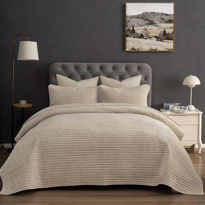 PHF Diamond Pattern Luxury Velvet Quilt Set Queen Size, Sand