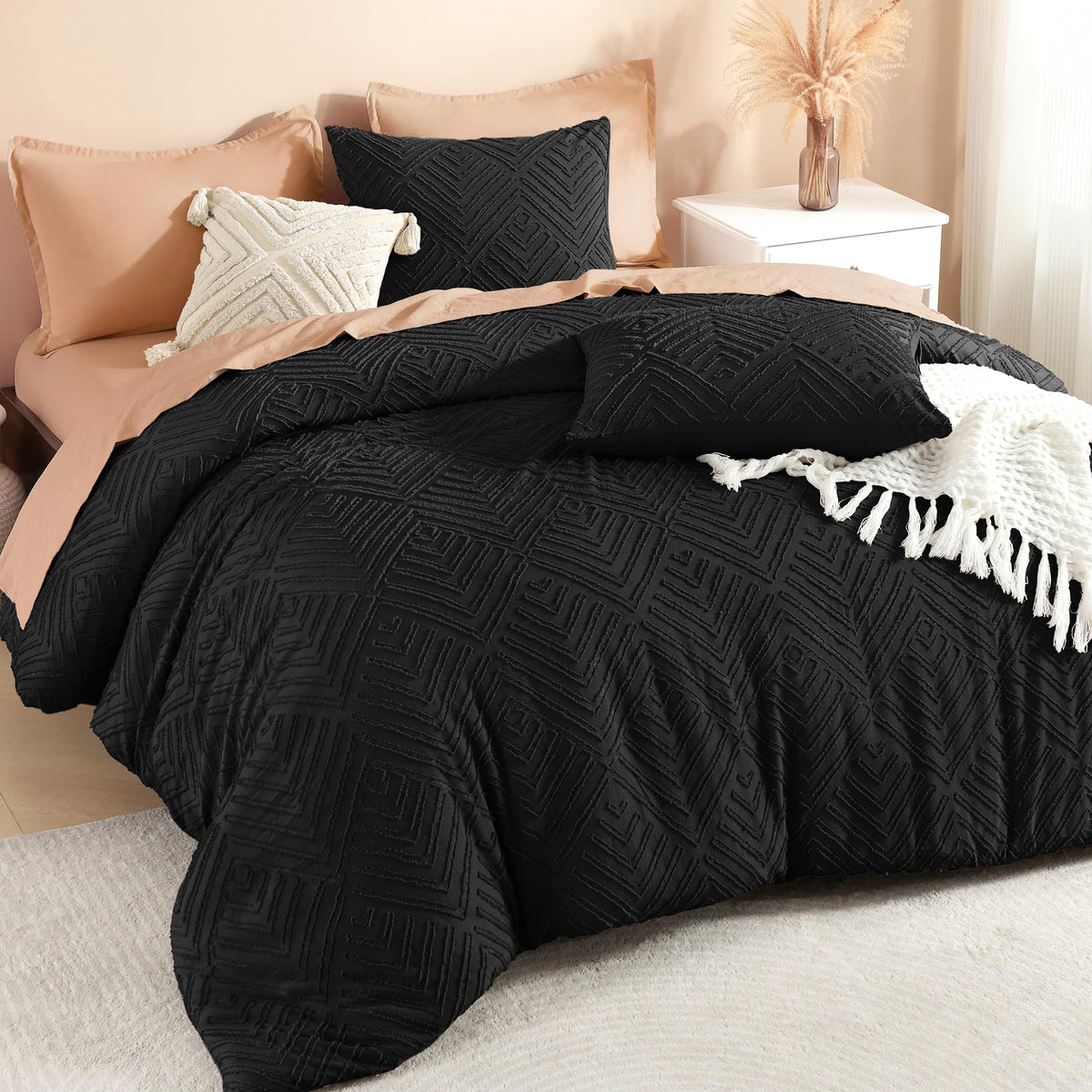 Litanika King Size Comforter Set, 3 Pieces Beige Tufted Boho Bedding Set