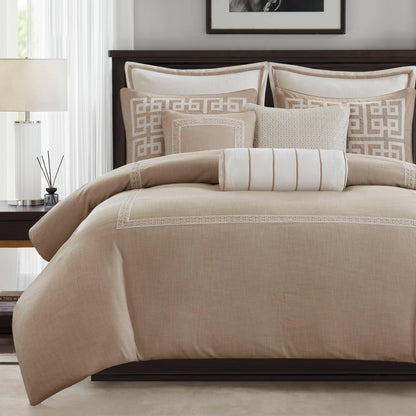 Madison Park Signature Oversized King Comforter Set, Luxury Hotel Style Bedding with Embroidered Details, All Season Down Alternative Comforter, Matching Shams & Decorative Pillows, Ivory/Tan, 9 Piece