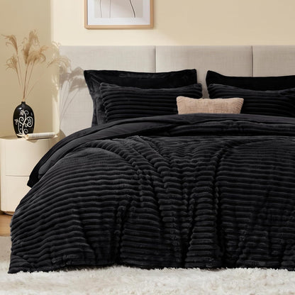 EXQ Home Queen Fluffy Comforter Set,7 Pieces Bed in a Bag,Black