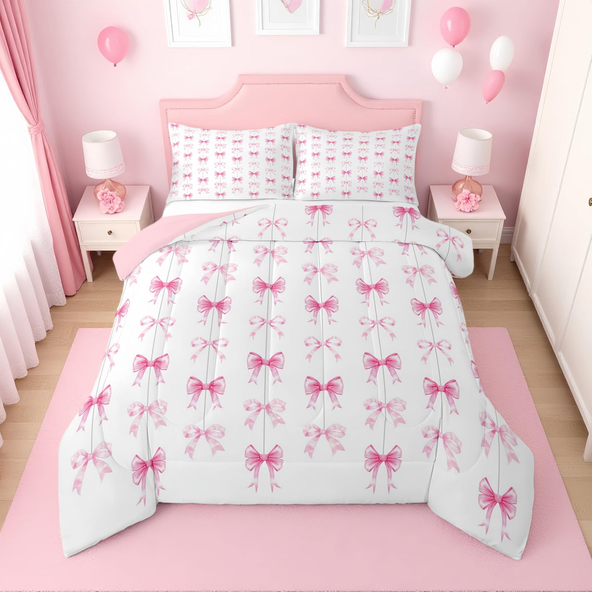 Erosebridal Cute Pink Bow Twin Bedding Set for Girls,Ribbon Bow Knot Comforter Set for Kids Kawaii Room Decor,Princess Bowknot Bed Set Girly Pink Bows Bedding Comforter Sets,1 Pillowcase