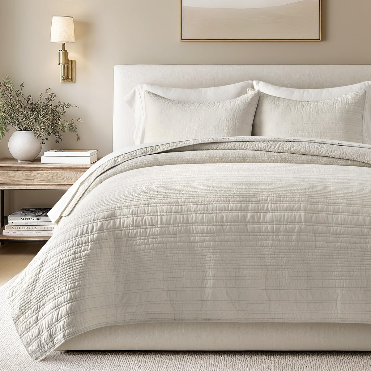 EVERGRACEHOME 100% Cotton Modern Lines Quilt Set King Size, Stone Taupe