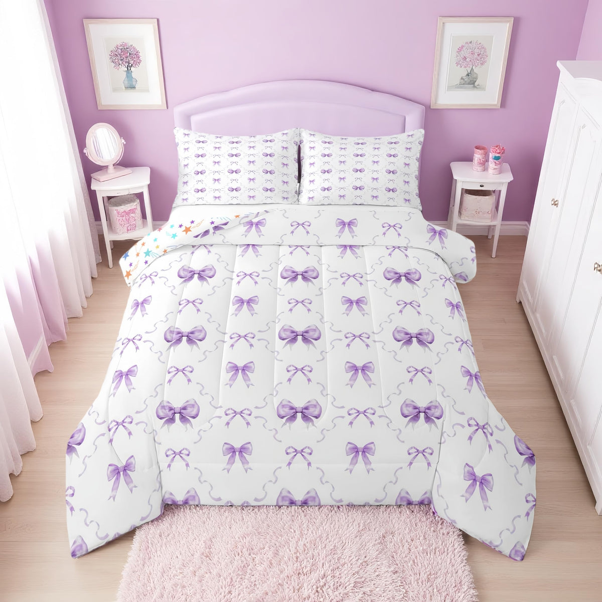 Erosebridal Cute Pink Bow Twin Bedding Set for Girls,Ribbon Bow Knot Comforter Set for Kids Kawaii Room Decor,Princess Bowknot Bed Set Girly Pink Bows Bedding Comforter Sets,1 Pillowcase