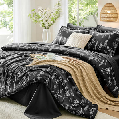 MUXHOMO Queen Comforter Set, 7-Piece Floral Bed in a Bag, Sage Green