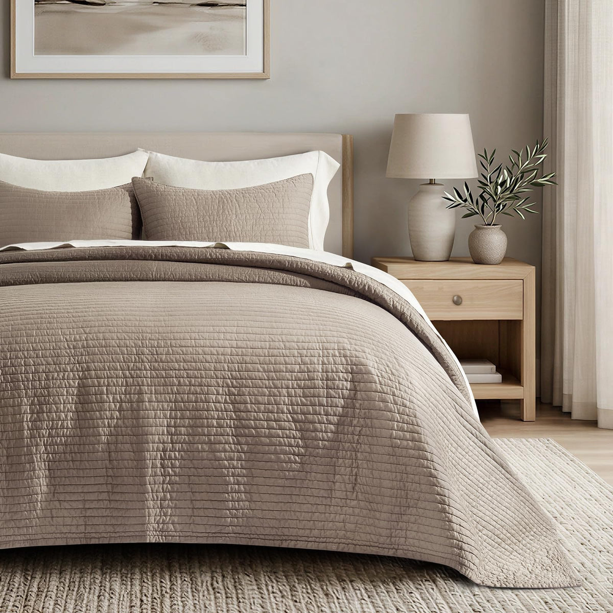 EVERGRACEHOME Cotton Sateen Quilt Set, Queen Size, Olive Green