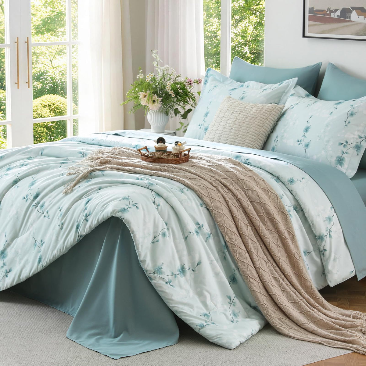 MUXHOMO Queen Comforter Set, 7-Piece Floral Bed in a Bag, Sage Green