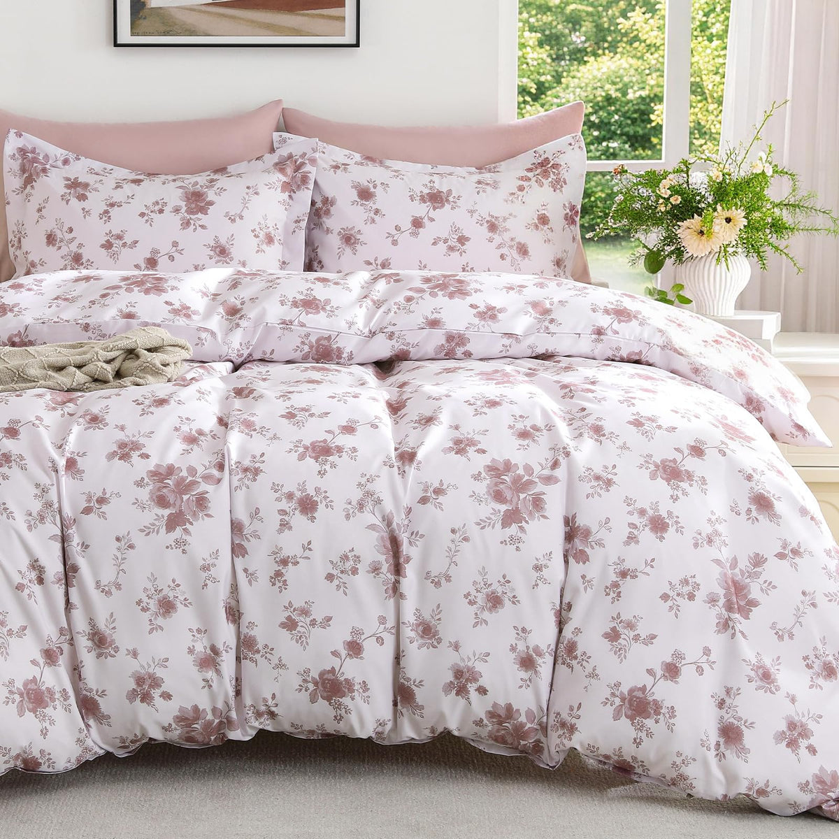 MUXHOMO Duvet Cover King Size, 3-Piece Floral Grey-Blue Bedding Set
