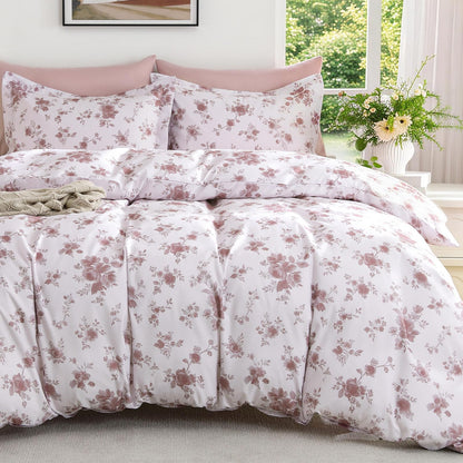 MUXHOMO Duvet Cover King Size, 3-Piece Floral Grey-Blue Bedding Set