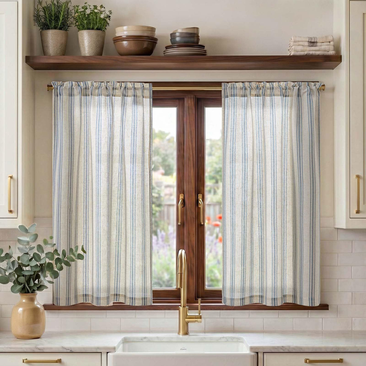 jinchan Linen Striped Tier Curtains for Kitchen Windows Green 26 x 24 inch