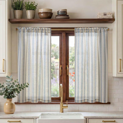 jinchan Linen Striped Tier Curtains for Kitchen Windows Green 26 x 24 inch