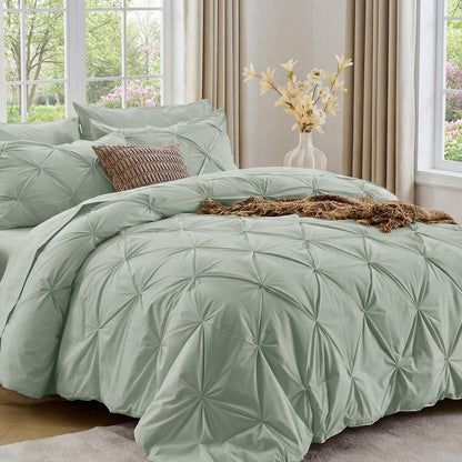 Sasttie Queen Comforter Set, 7-Piece Bed in a Bag, Pintuck Bedding Sets for All Season, Includes Comforter, Flat Sheet, Fitted Sheet, Pillowcases and Pillowshams, Beige