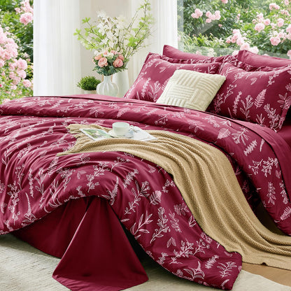MUXHOMO Queen Comforter Set, 7-Piece Floral Bed in a Bag, Sage Green