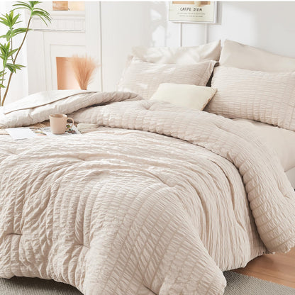 Queen Comforter Set - 7PCS Bed in a Bag, Seersucker Bedding Set, Dark Grey