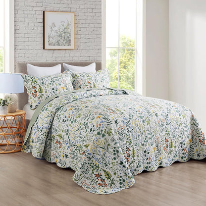 Travan 3-Piece Quilt Set Quilted Bedspread Lightweight Coverlet Set Garden Style Floral Printed Oversized Quilted Bedding Set with Shams for All Season, Exquisite, King Size