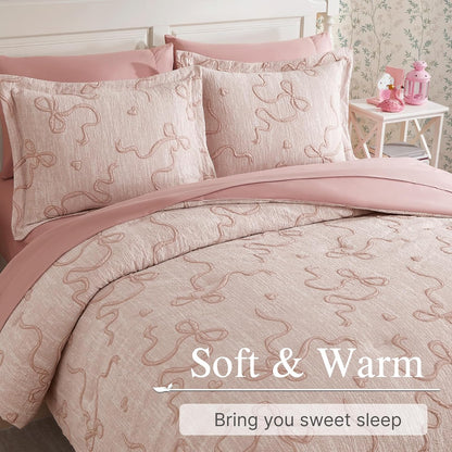 Full Size Comforter Sets for Girls - 7 Pieces Pink Bedding Bow Bed in a Bag
