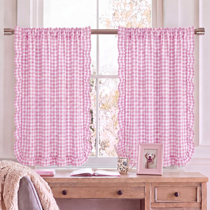 Brown White Gingham Kitchen Curtains 36" Buffalo Plaid Ruffle Cafe Curtains