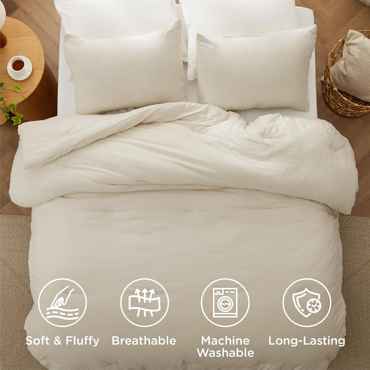 Bedsure Queen Comforter Set Prewashed Soft Bedding Set 3Pcs Cream 90"x90"