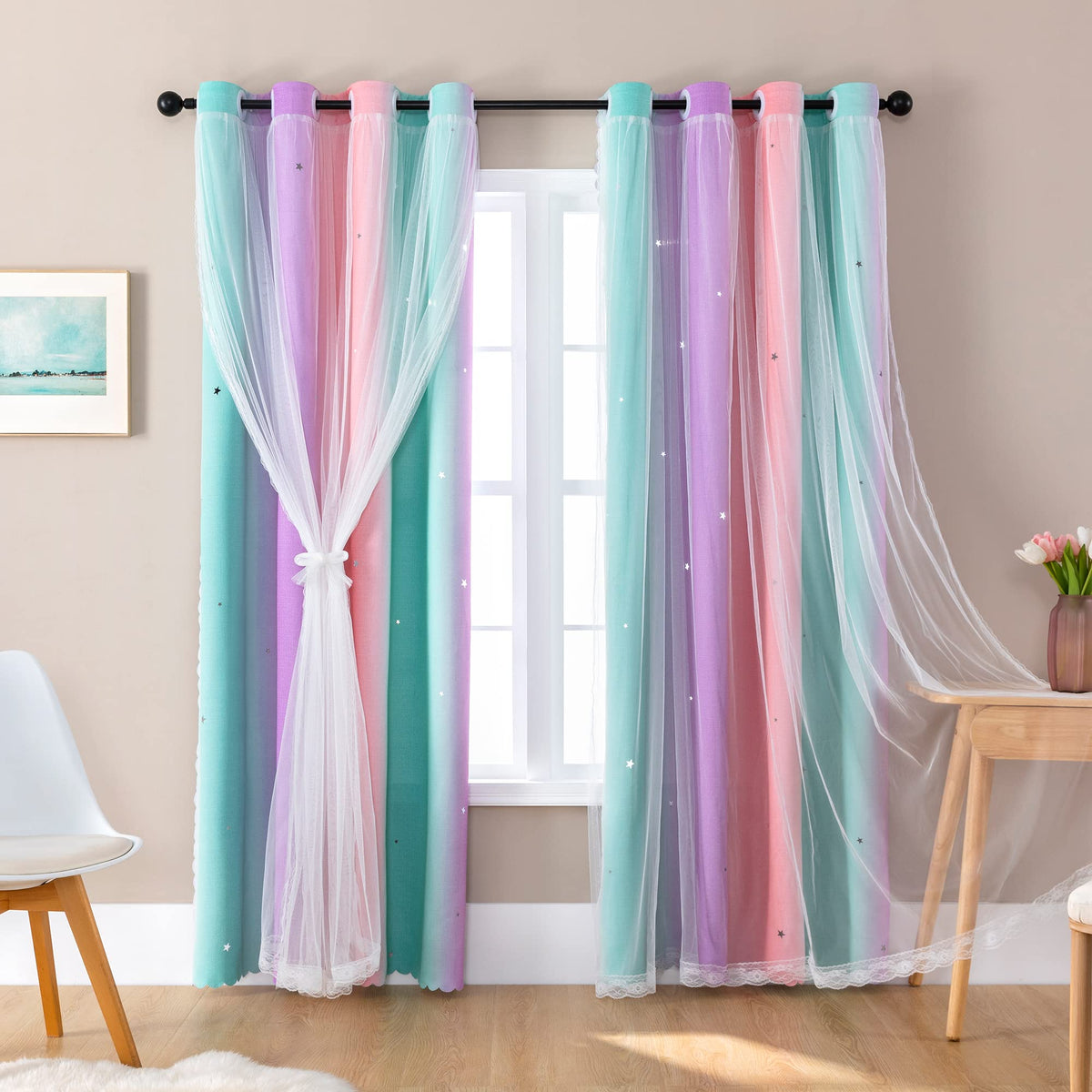XiDi Blackout Curtains for Girls Bedroom Decor Pink Kids Rainbow Curtains