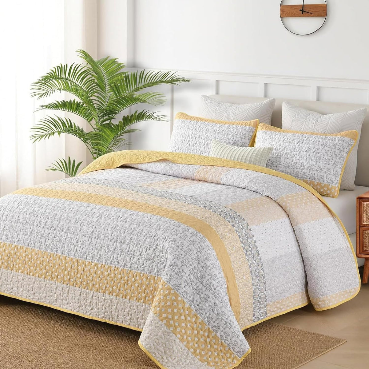 WONGS BEDDING Grey Queen Size Quilt Set, Boho Striped Bedspread