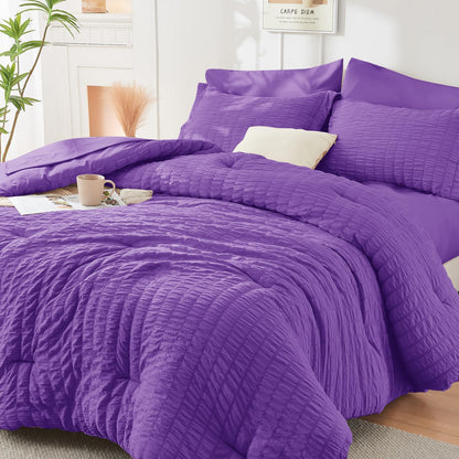 Full Comforter Set - 7PCS Bed in a Bag, Seersucker Bedding Set, Dark Grey