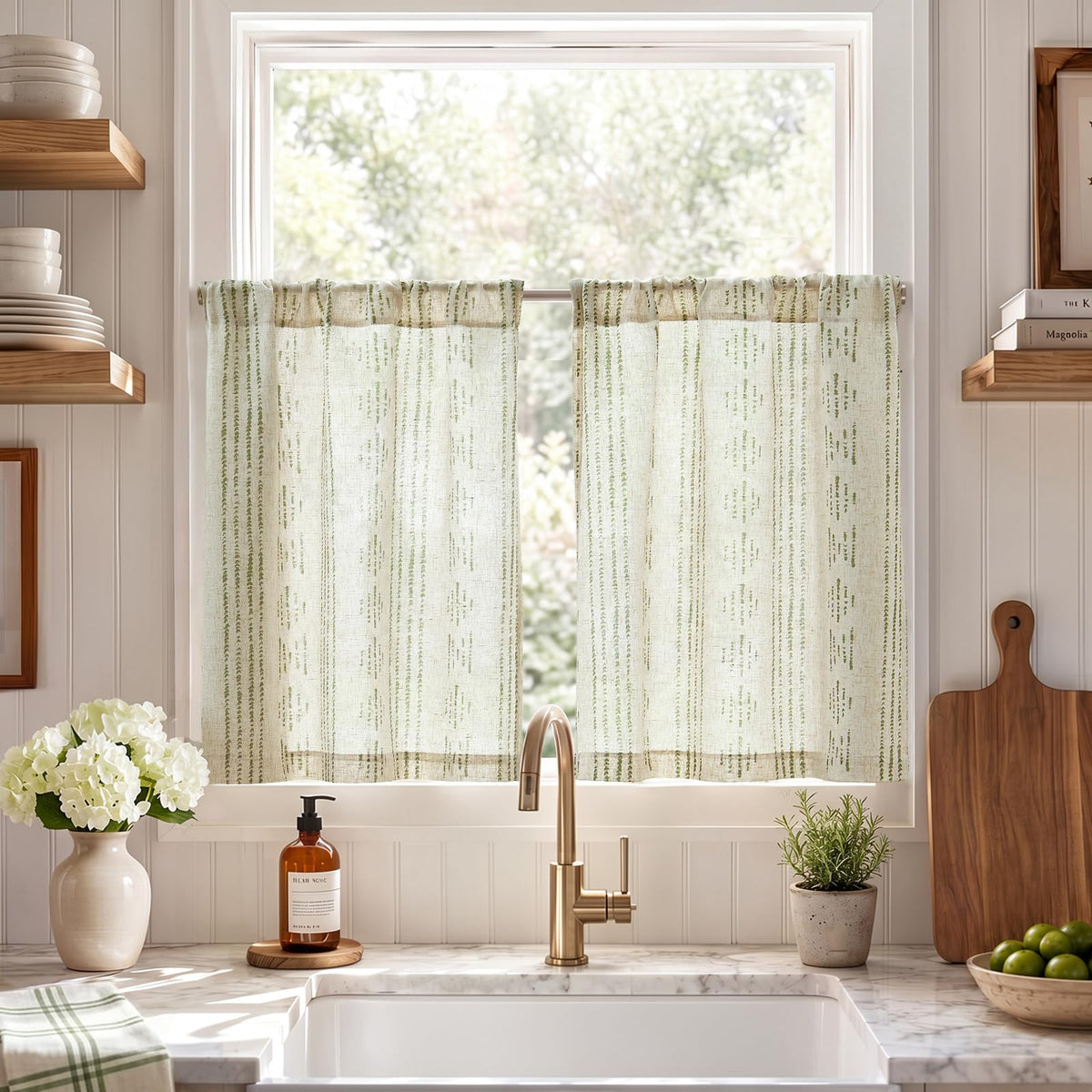jinchan Linen Striped Tier Curtains for Kitchen Windows Green 26 x 24 inch