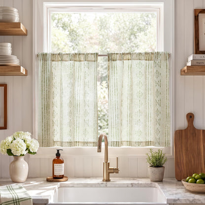 jinchan Linen Striped Tier Curtains for Kitchen Windows Green 26 x 24 inch