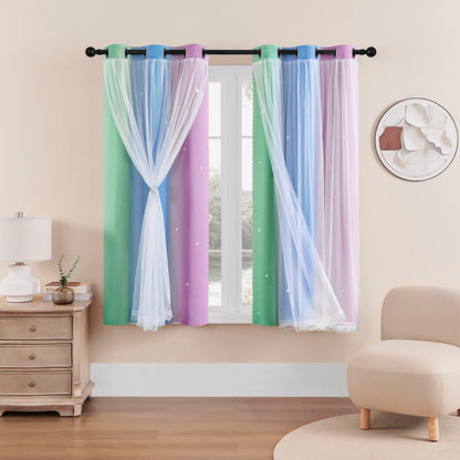 XiDi Curtains for Girls Bedroom Decor, Rainbow Blackout Curtains for Kids/Little Girl Room Decor, Unicorn Wall Decals,Pink Purple Green,63 x 34 inches,1 Panel